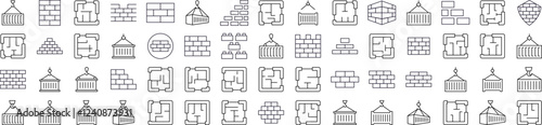 Brick Wall, Floor Plan, Building Thin Line Icon Set. Outline Signs for Graphic and Web Design, Apps, Adverts, Various Cards