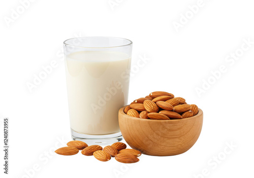 Almond milk and almonds in wooden bowl isolated on White background