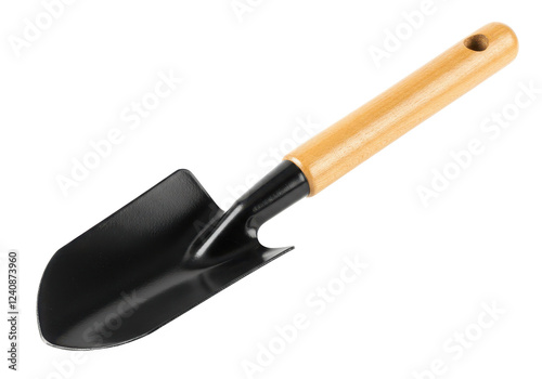 Garden shovel with a black metal head and wooden handle isolated on White background photo