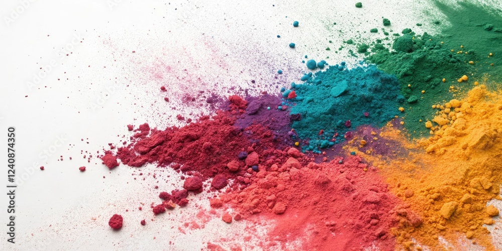 Obraz premium Vibrant holi colors splattered across a pristine white background creating an artistic canvas of hues, artsy, colorful, festive atmosphere, bright colors, colorful background