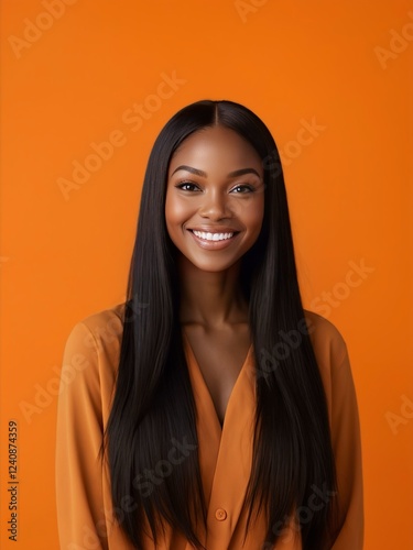 Portrait of a smiling black woman with long straight hair against an orange background. Confident, modern, and professional studio shot.