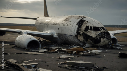Boeing airplane wreckage near an abandoned airport, surrounded by scattered debris and ruined infrastructure.