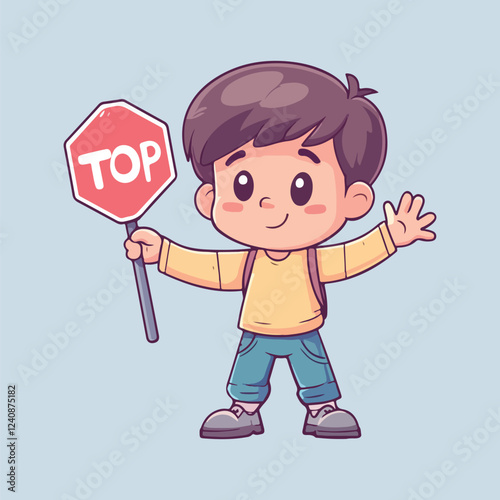 Cute little boy carrying stop symbol vector illustration 