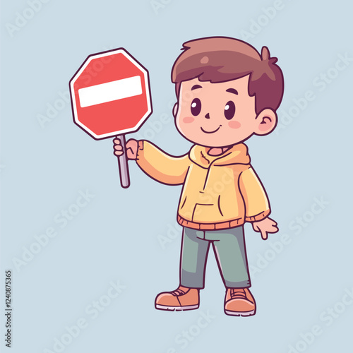 Cute little boy carrying stop symbol vector illustration 