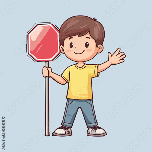 Cute little boy carrying stop symbol vector illustration 