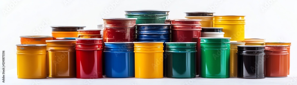 Colorful paint jars arranged in a creative stack, white isolate background. Colorful paint jars arranged in a creative stack, white isolate background.
