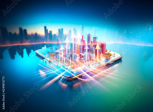 A futuristic city skyline is reflected on a smartphone screen displaying a glowing, interactive map of winding roads and buildings.  The image evokes themes of urban planning, technology, and navigati photo