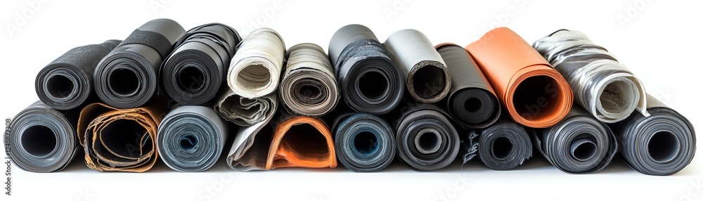 Various rolls of yoga mats stacked on white isolated background. Various rolls of yoga mats stacked on white isolated background.