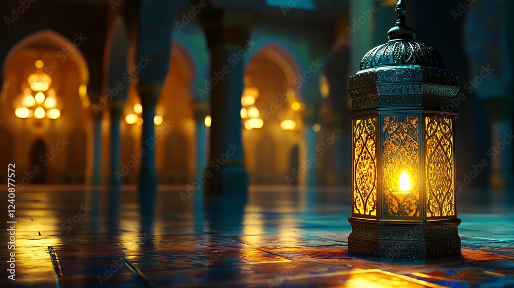 A beautiful Arabic lantern with a lit candle sits in a mosque at night. Perfect for a Ramadan greeting card or invitation. A beautiful Arabic lantern with a lit candle sits in a mosque at night. Perfect for a Ramadan greeting card or invitation.