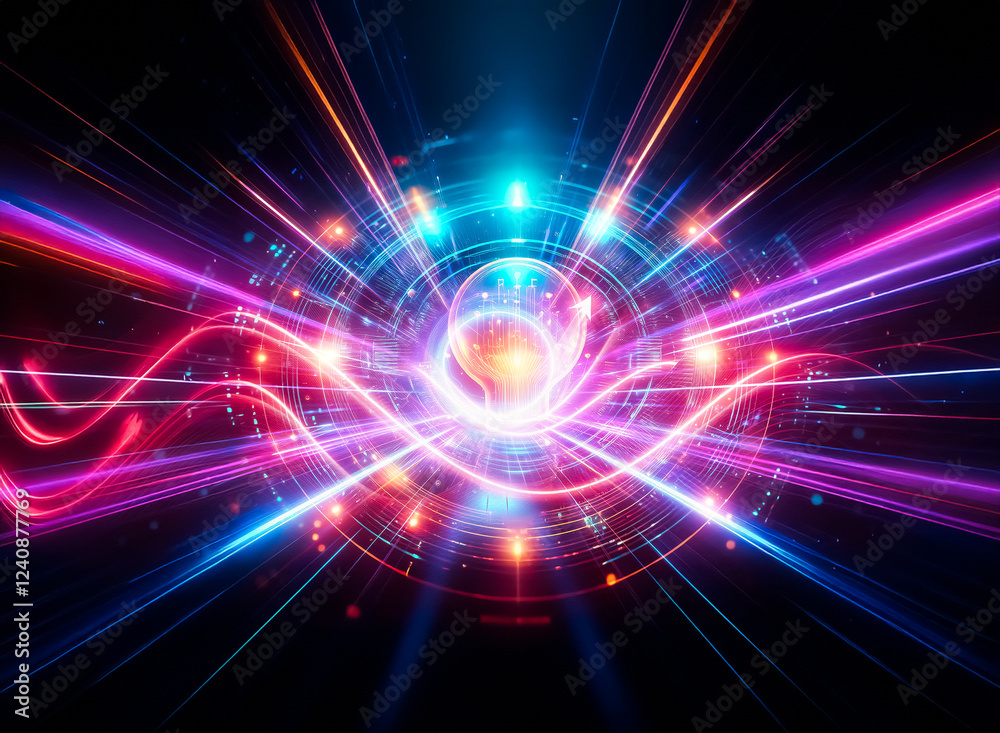 A glowing lightbulb at the center of a futuristic, circular technological interface. Orange and blue hues illuminate the scene, suggesting innovation and energy. A glowing lightbulb at the center of a futuristic, circular technological interface. Orange and blue hues illuminate the scene, suggesting innovation and energy.