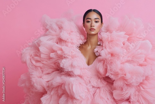 Elegant woman posing in voluminous pink gown
