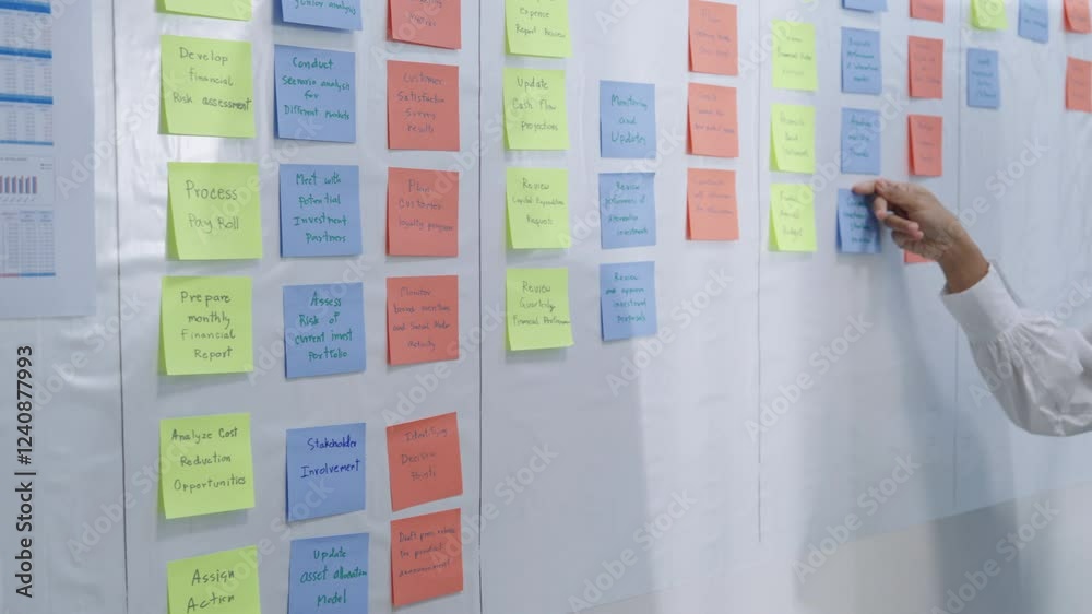 brainstorming session, using sticky notes on a task board (kanban) to organize ideas and workflow in a modern office
