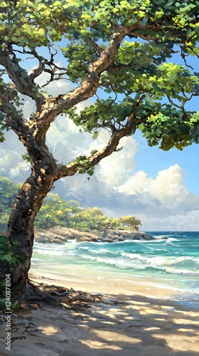 Serene Beachscape: Under the Canopy of a Lush Tree