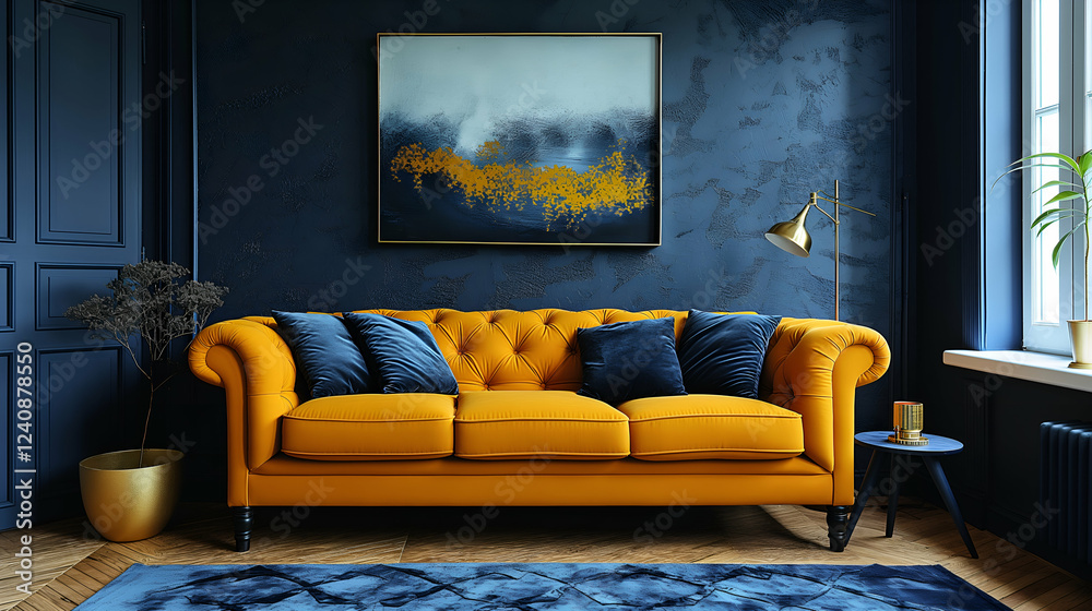 Fototapeta premium Mustard Yellow Sofa Modern Blue Room Design, Cozy Chic Home Decor with Gold Accents.