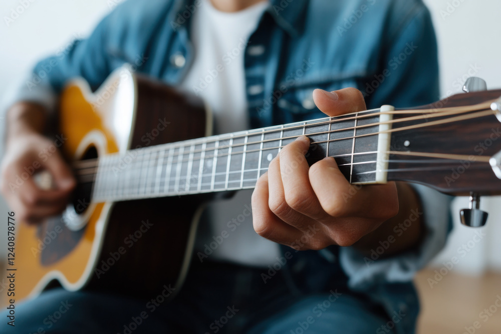Fototapeta premium Musician playing acoustic guitar, making music and practicing chords