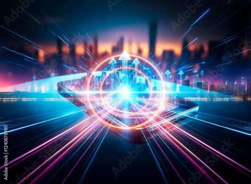 Wallpaper Mural A futuristic cityscape magically appears on a smartphone screen, glowing with vibrant neon lights against a blurred city skyline at sunset.  The scene evokes a sense of technological advancement and u Torontodigital.ca