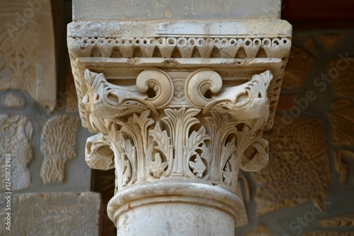 Close up view of an elaborate carved capital atop a column, showcasing detailed craftsmanship and ancient architectural design