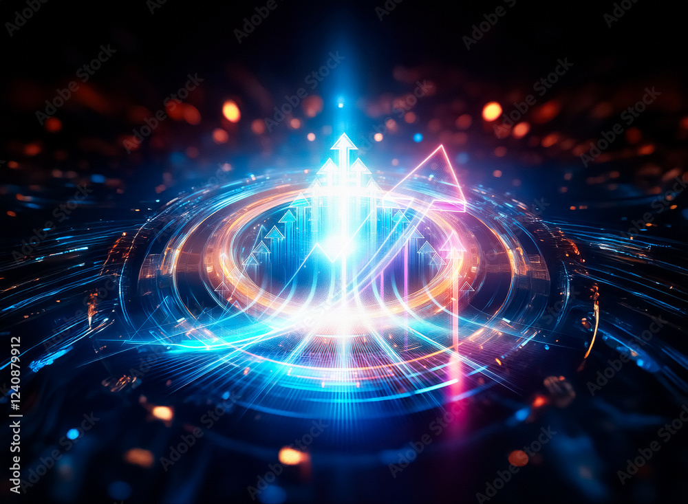 Obraz premium A vibrant neon arrow ascends a glowing graph, symbolizing growth and upward trajectory against a dark background. The scene is sleek and futuristic, highlighting progress and success.