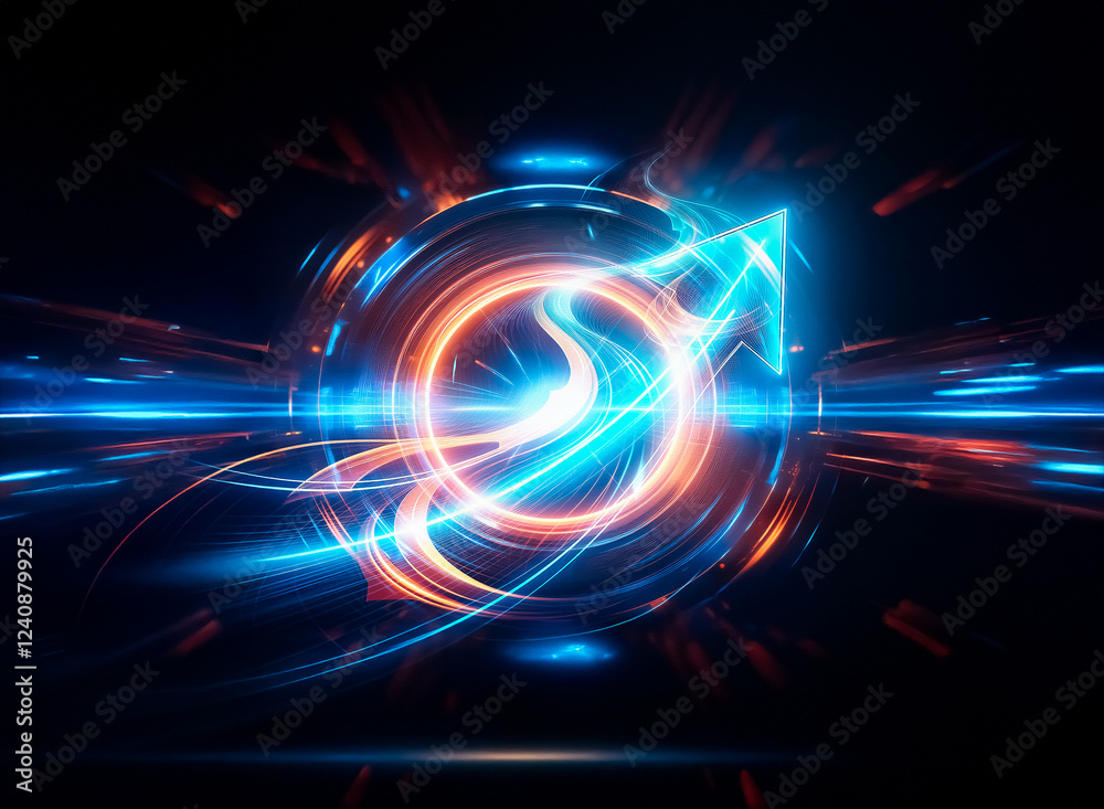 Fototapeta premium Glowing blue arrow ascends on a dark background, suggesting growth, progress, and upward trajectory. A light trail indicates speed and momentum.