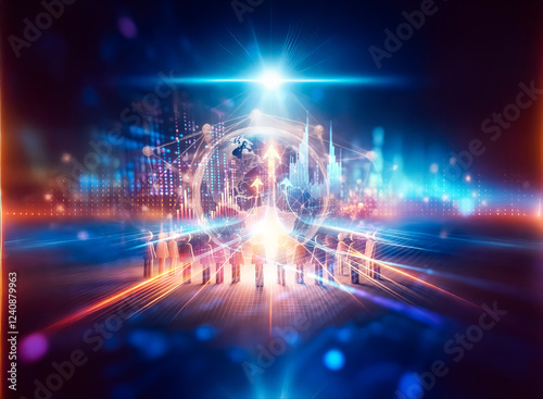 Wallpaper Mural Glowing Earth encircled by interconnected nodes, surrounded by small figures, symbolizes global connection and community.  A bright light emanates from the planet's surface. Torontodigital.ca