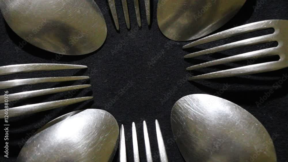 Cucharas grandes y pequeñas en círculo, son herramientas culinarias para comidas variadas, forman un diseño de brillos y texturas abstractos con fondo negro