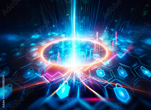 Wallpaper Mural Abstract digital security concept.  Glowing blue padlock icons arranged in a hexagonal grid, representing data protection and network security.  Cybersecurity, data encryption, and digital safety are  Torontodigital.ca