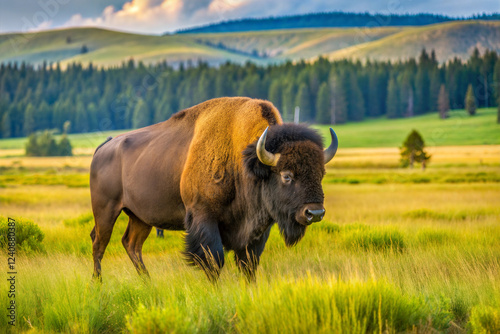 Bison Roaming Across a Grassy Plain