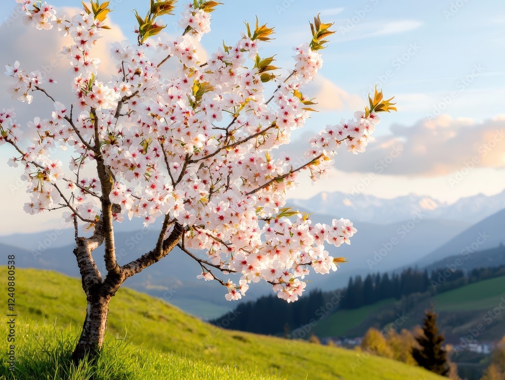 Beautiful Cherry Blossom Tree in Bloom on a Sunny Spring Day with Mountains and Green Hills in the Background Beautiful Cherry Blossom Tree in Bloom on a Sunny Spring Day with Mountains and Green Hills in the Background