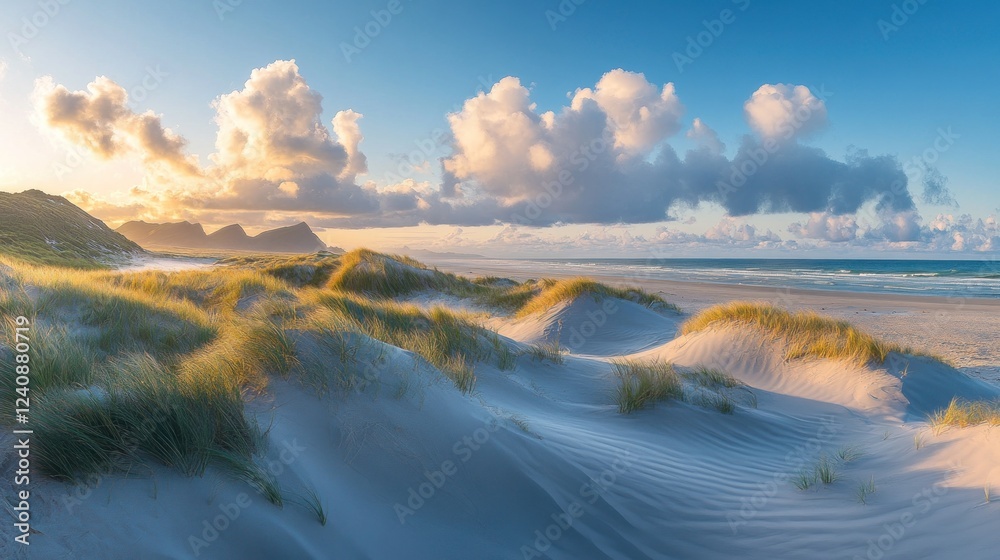 Obraz premium Sunset over Coastal Sand Dunes and Ocean Panorama