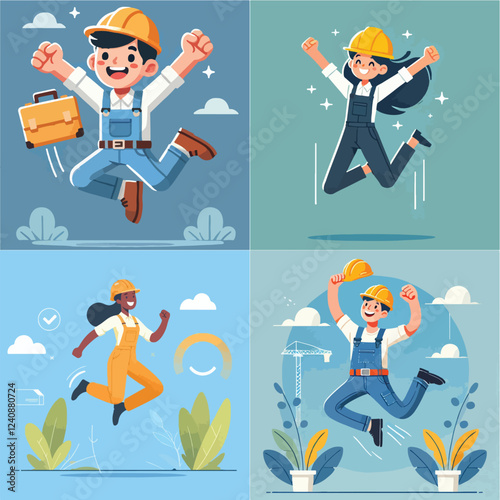 contractor workers jumping happily. cartoon illustration on blue background