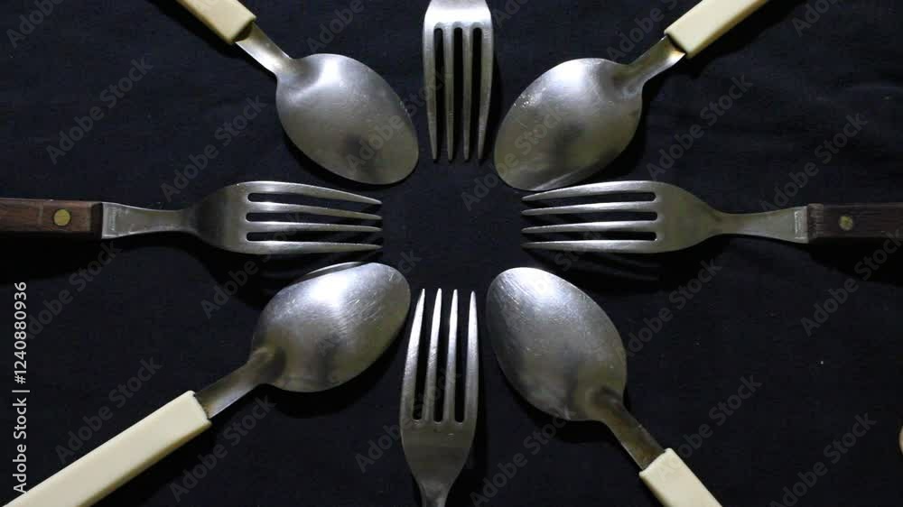 Cucharas grandes y pequeñas en círculo, son herramientas culinarias para comidas variadas, forman un diseño de brillos y texturas abstractos con fondo negro