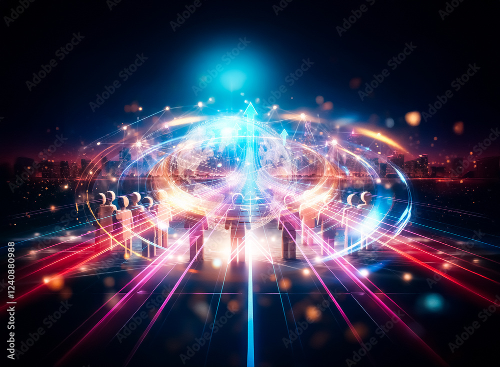 Naklejka premium Global network connecting people. A glowing earth encircled by interconnected figures symbolizes unity and worldwide communication.