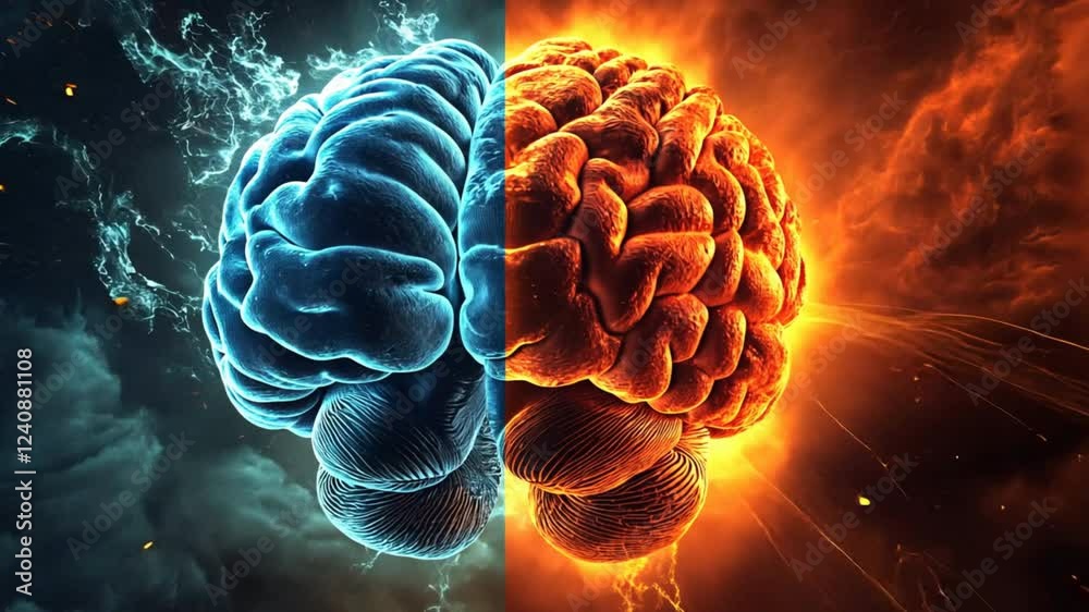 Brain Power in Flame and Ice: A captivating abstract image of a human brain split in two, one half engulfed in fiery orange hues, the other in icy blue, representing the clash of logic and emotion. Brain Power in Flame and Ice: A captivating abstract image of a human brain split in two, one half engulfed in fiery orange hues, the other in icy blue, representing the clash of logic and emotion.