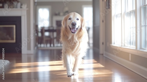 Golden Retriever Dog Walking Hardwood Floor Sunny Home Interior photo