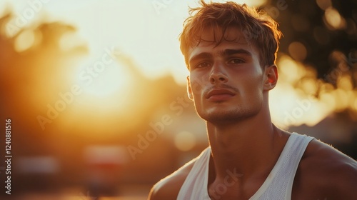 Handsome male model posing outdoors at golden hour sunset