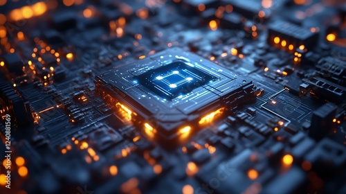A close-up view of a futuristic microprocessor on a circuit board, glowing blue and orange lights highlight intricate details.