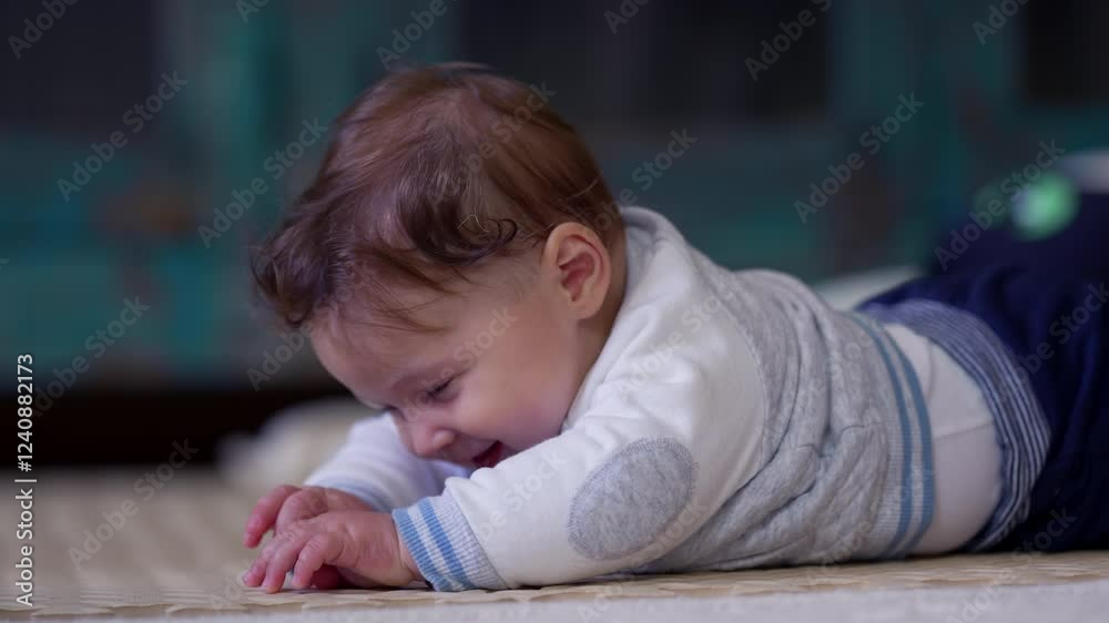 Baby lying on stomach, looking up and smiling, playful and engaged in early motor skills development during tummy time, cozy home setting with baby practicing strength and movement Baby lying on stomach, looking up and smiling, playful and engaged in early motor skills development during tummy time, cozy home setting with baby practicing strength and movement