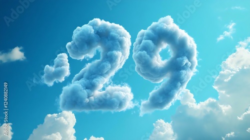 Fluffy cloud numbers '29' against a bright blue sky, ideal for showcasing a countdown or celebration theme, capturing a whimsical atmosphere. photo