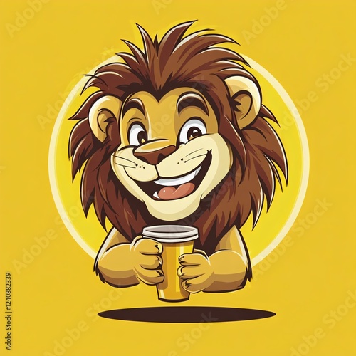 A cheerful cartoon lion holding a cup, set against a bright yellow background, perfect for playful themes, fun, and creativity. photo