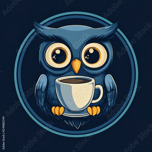 Cute cartoon owl holding a coffee cup, perfect for coffee lovers and animal enthusiasts. Ideal for prints, apparel, and merchandise. photo