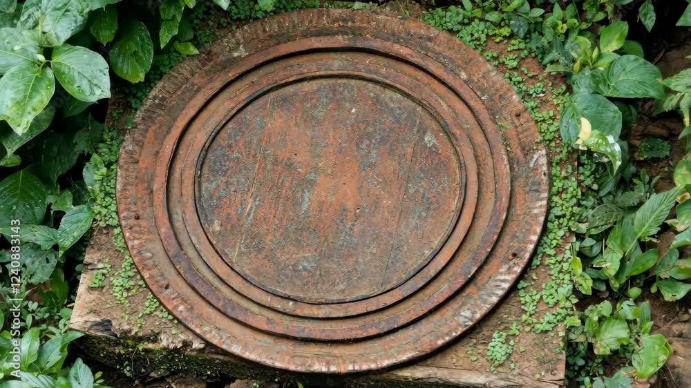 Ancient circular stone lid rests on moss-covered ground in a lush forest setting Ancient circular stone lid rests on moss-covered ground in a lush forest setting