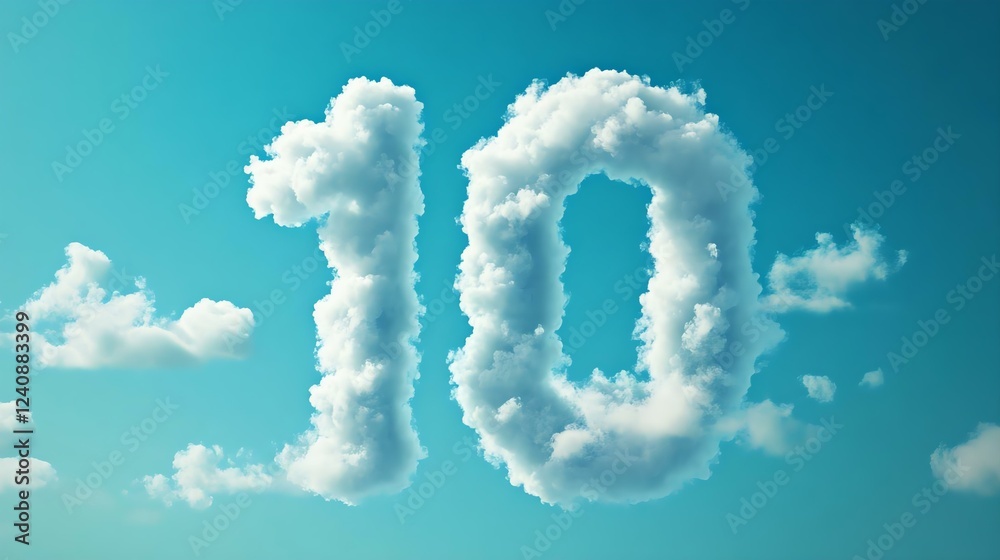 A creative cloud arrangement forming the number 10 against a blue sky, conveying concepts of achievement and inspiration. A creative cloud arrangement forming the number 10 against a blue sky, conveying concepts of achievement and inspiration.