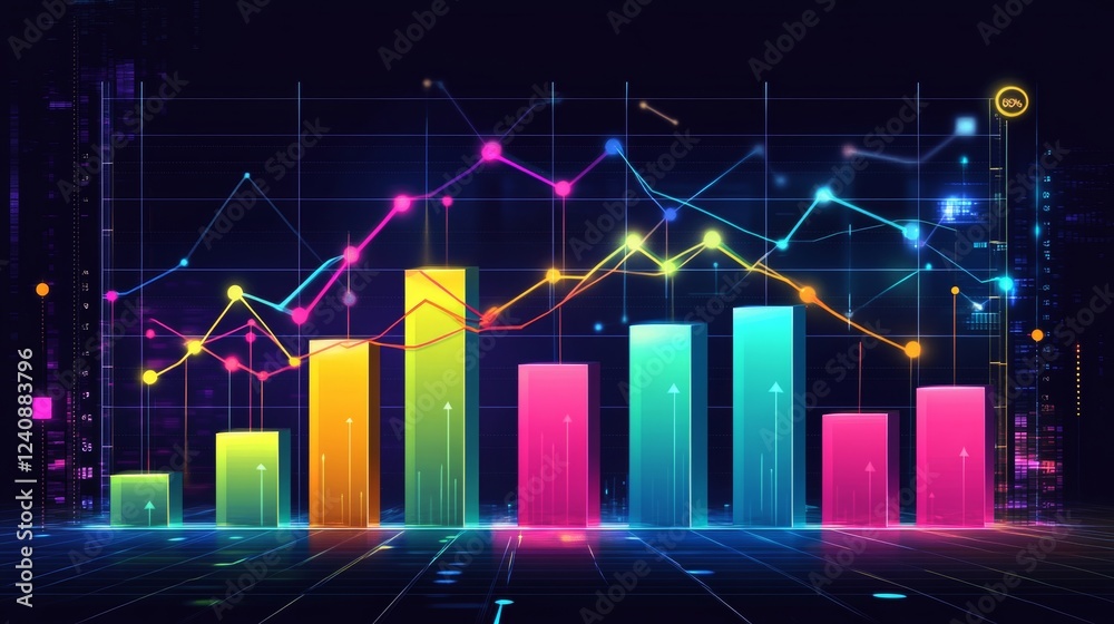 Fototapeta premium Abstract Data Visualization, Colorful Bar Graph and Line Chart on Dark Background, Gradient Blue