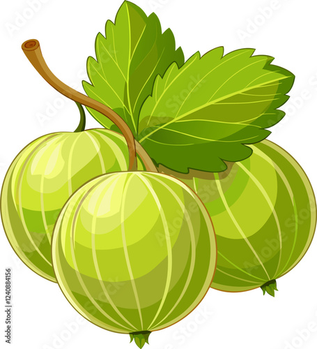 Three green gooseberries with leaves, illustrated in a vibrant, cartoonish style.