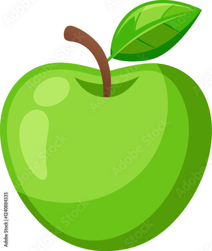 A glossy green apple with a leaf and stem, symbolizing freshness and health.
