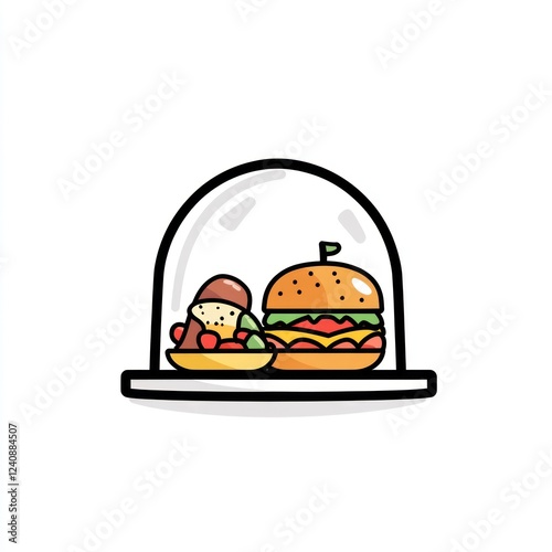 Delicious burger and fries under cloche, white background, food delivery illustration photo