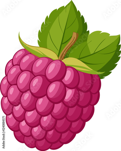 A vibrant illustration of a raspberry with green leaves, showcasing its juicy texture.