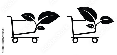 Bio, organic or vegan supermarket pushcart with leaves. Shopping cart or trolley, man or woman with kids. Supermarket, self service. Online shop market keeper. Shopkeeper icon. Empty handcart. 