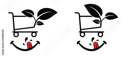 Bio, organic or vegan supermarket pushcart and smile. Shopping cart or trolley, man or woman with kids. Supermarket, self service. Online shop market keeper. Shopkeeper icon. Empty handcart. 