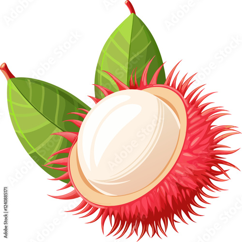 A rambutan fruit with green leaves, showcasing its unique appearance and texture.